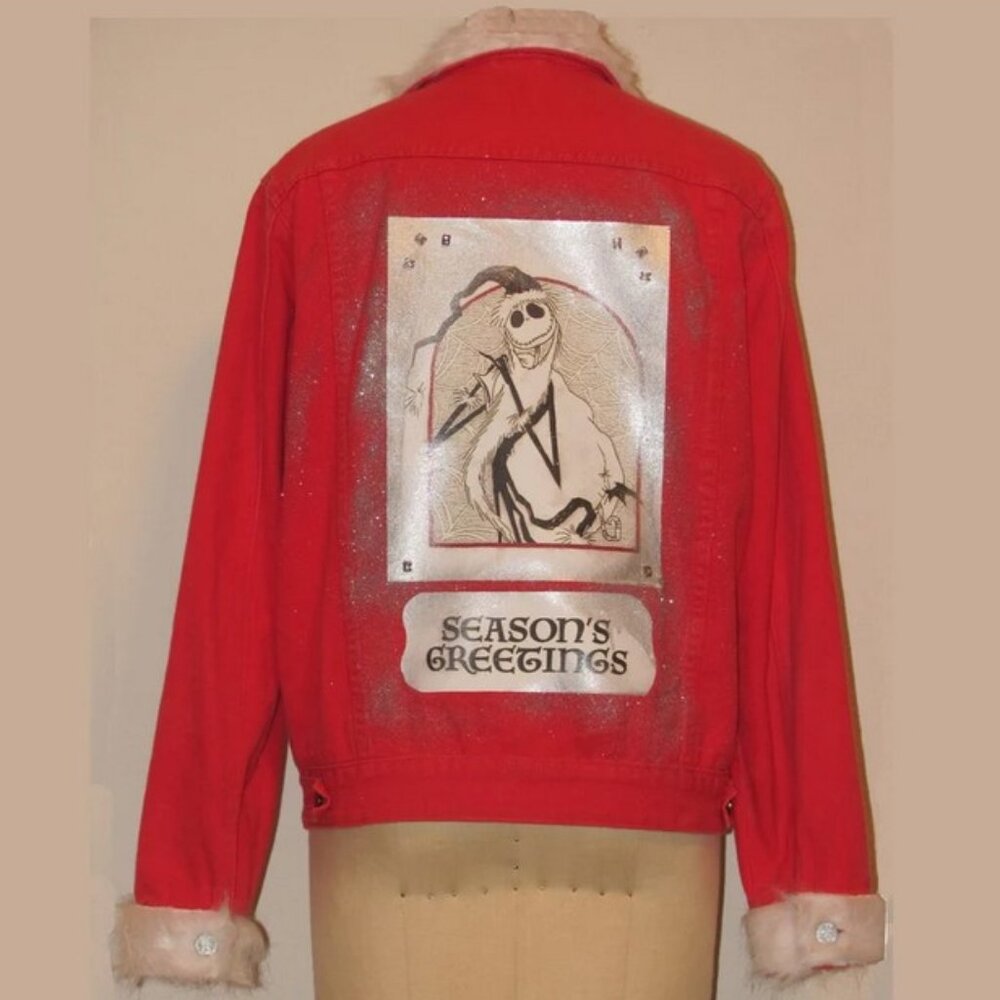 Upcycled Red Denim Jacket Jack Skellington